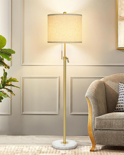Modern Floor Lamp for Living Room, Adjustable Height Standing Lamp with Marble Base, Gold Tall Pole Light with Linen Shade for Reading Bedroom, Chain Switch, 8W 3-Way Dimmable Bulb Included