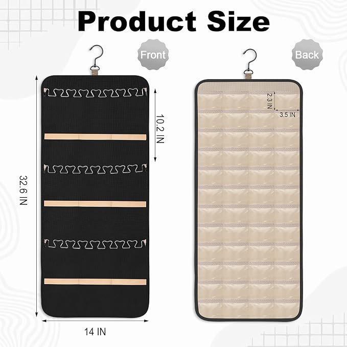 Dynoro Double-Sided Hanging Jewelry Organizer, Large Black Storage Roll for Earrings, Necklaces, Rings, 48 Pockets 21 Hooks, Durable Oxford Fabric for Closet, Wall, Door, 1 piece, Jewelry Not Included
