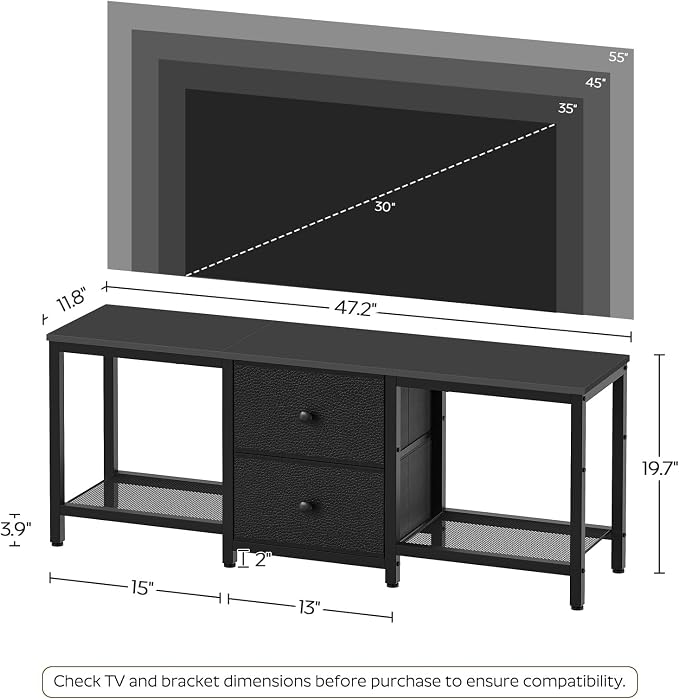 YATINEY TV Stand for TVs up to 55", Entertainment Center with 2 Fabric Drawer, Media Console with Shelves, Television Stands for Living Room, Bedroom, Black DS02BB