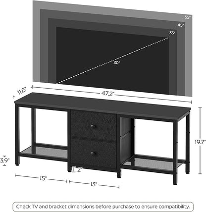 YATINEY TV Stand for TVs up to 55", Entertainment Center with 2 Fabric Drawer, Media Console with Shelves, Television Stands for Living Room, Bedroom, Black DS02BB