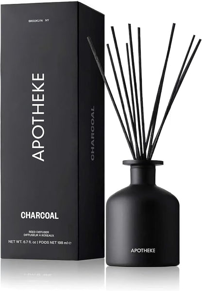 Apotheke Luxury Scented Reed Diffuser for Home, Charcoal - 6.7 Fl Oz Essential Oil Aromatherapy - 10 Rattan Scent Sticks Room Diffuser - Long-Lasting Fragrance for Bedroom, Home, Bathroom