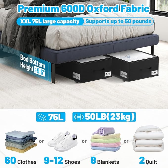 Under Bed Storage with Wheels, 4-Pack 10" Height XXL 75L Rolling Storage Bins, Quick Assembly Underbed Shoe Storage Containers with Clear Lid & Label, Dorm Under Bed Drawers for Clothes, Shoes, Black
