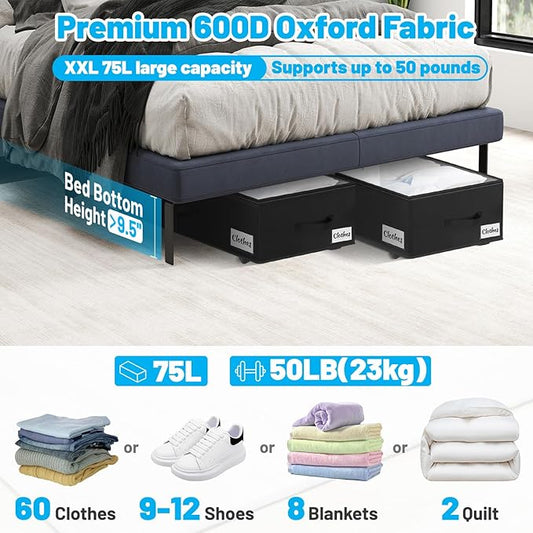 Under Bed Storage with Wheels, 2-Pack 10" Height XXL 75L Rolling Storage Bins, Quick Assembly Underbed Shoe Storage Containers with Clear Lid & Label, Dorm Under Bed Drawers for Clothes, Shoes, Grey