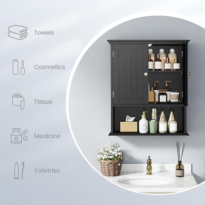 Tangkula Bathroom Wall Cabinet, Wooden Hanging Storage Cabinet with Doors & Shelves, Multipurpose Storage Cabinet for Restroom Kitchen Living Room, Wall Mounted Bathroom Medicine Cabinet (Black)