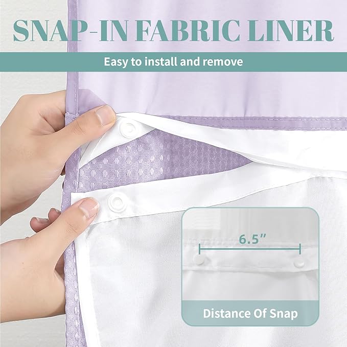 Lavender No Hook Waffle Weave Shower Curtain with snap-in Liner Replacement, 230GSM Waterproof Fabric Hotel Shower Curtain Set for Bathroom, Through Mesh Top Window,71Wx77H