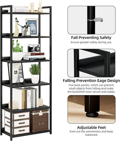 NUMENN Bookshelf, 6 Tier Bookshelves, Home Office Bookcase Shelf Storage Organizer, Free Standing Storage Shelving Unit for Bedroom, Living Room and Home Office, Black