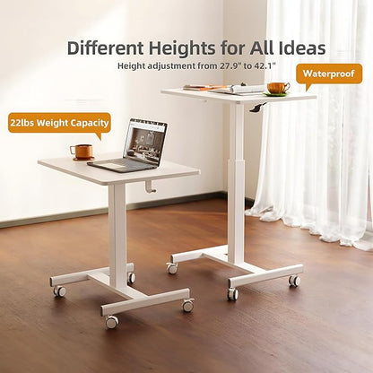 YDN Mobile Mobile Standing Desk, Adjustable Height Portable Laptop Desk with Lockable Wheels, 25.5" x 18.8" Rolling Desk with Hook for Computer Workstation, White