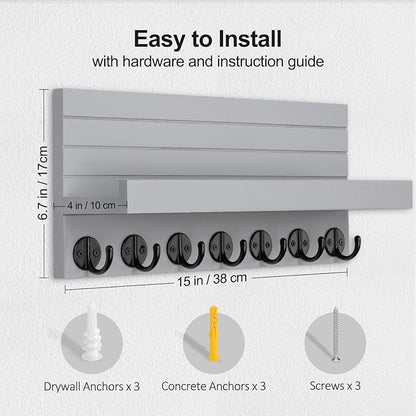 Key Holder Wall Mount, Entryway Key and Mail Holder with 7 Sturdy Hooks for Sunglasses, Dog Leash, Decorative Wall Shelf with Mounting Hardware, 15”W x 6.7”H x 4.2”D (Gray)