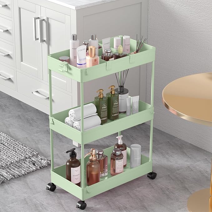 SPACELEAD 3 Tier Rolling Cart with Wheels, Storage Craft Art Trolley Organizer Serving, 3 Hanging Baskets Easy Assembly, for Office, Living Room, Kitchen, Green
