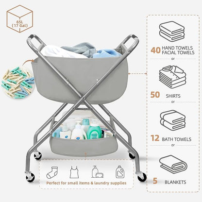 STORAGE MANIAC Collapsible Laundry Cart with Wheels 31.5"H Rolling Laundry Hamper Clothes Basket with Wheels, Canvas Liner Sturdy Steel Frame Folding for Small Narrow Space Easy Storage, Grey