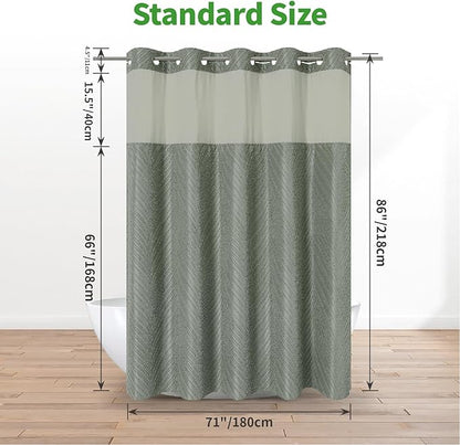 no Hook Shower Curtain and Liner Set，Boho Style with See Through Top Window, SageGreen Fabric Tufted Striped Textured Outer Curtain & Waterproof Inner Liner, SageGreen, 71Wx86H