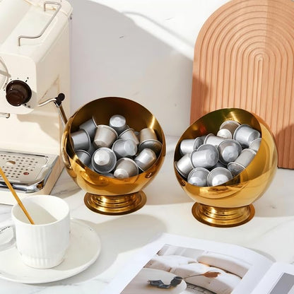2 Pcs Large Capacity Coffee Pod Holder for Countertop, Metal Capsule Organizer for Coffee Bar and Kitchen, Open Storage Bowl for Single-serve Pods (Gold)