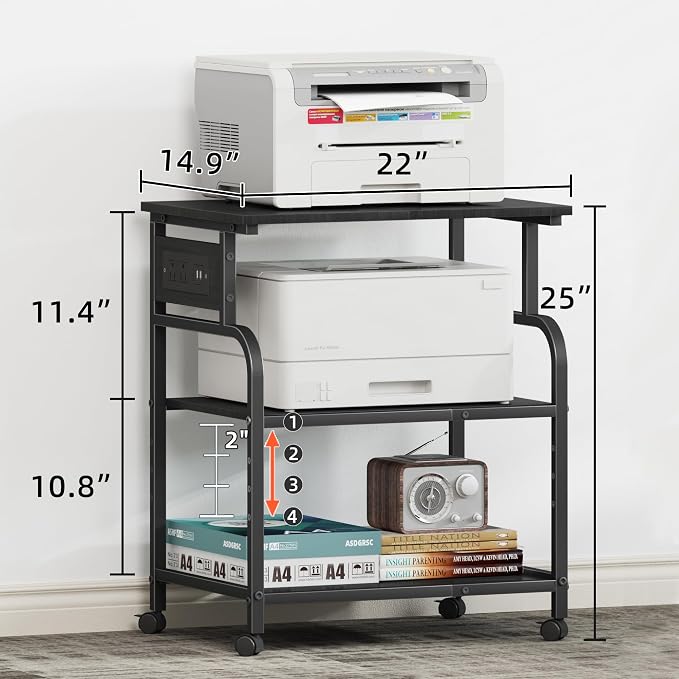 YAOHUOO 3 Tier Large Printer Stand with Power Outlet/Adjustable Shelf | 22"x15" Large Top,Fit 2-3 printers,Rolling Cart with Wheels,Table for Home Office,Fit 3D Printer/Heat Press/Laser,Black