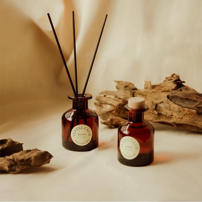 Soréva Sandalwood Reed Diffuser Set, Plant-Based Oil with Cedar & Musk, Long-Lasting Luxury Home Fragrance for Bedroom & Office, Mindfulness Decor, Calm Aromatherapy Gift Set, 7 Reeds, 4.39 fl oz