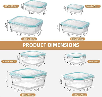 Liuruiyu 8 Pack Glass Food Storage Containers with Lids, Meal Prep Containers, Airtight Bento Boxes with Leak Proof Locking for Microwave, Oven, Freezer and Dishwasher, BPA Free（5oz to 36oz）