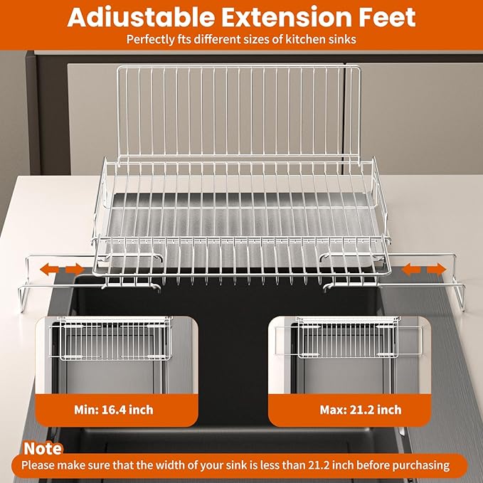 Dish Drying Rack - Stainless Steel Expandable Large Dish Drainer for Kitchen Counter, with Stainless Drain Board Rustproof Collapsible Organizer Space Saving