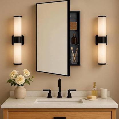 TEHOME 16.5'' x 24'' Black Recessed and Surface Mount Bathroom Medicine Cabinet with Mirror Matt Black Square Cornered Metal Framed Rounded Rectangle Medicine Cabinet Mirror