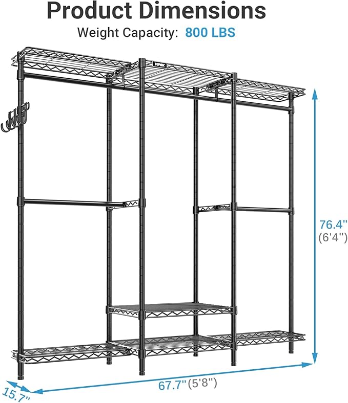 VIPEK V3 Nano Clothes Rack with 4 Semi-Shelves and 3 Standard Shelves, Clothing Rack for Hanging Clothes, Free Standing Closet System, Portable Metal Wardrobe for Bedroom, Max Load 800LBS, Black