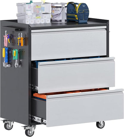 Aobabo Garage Storage Cabinet with 3 Drawers and 4 Hooks,Metal Storage Cabinet with Wheels for Garage Home,Required Assembly,Black&Silver,18.11" D x 30.3" W x 35.4" H