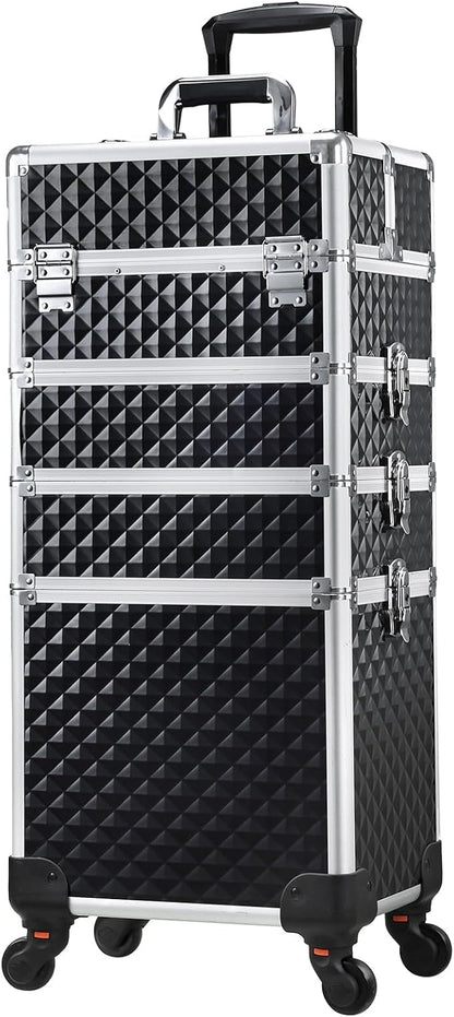 Stagiant Rolling Makeup Case Cosmetology Case on Wheels 4 in 1 Large Cosmetic Organizer Train Case Makeup Travel Case with Key Swivel Wheels Nail Artist Salon Storage Traveling Cart Trunk Black