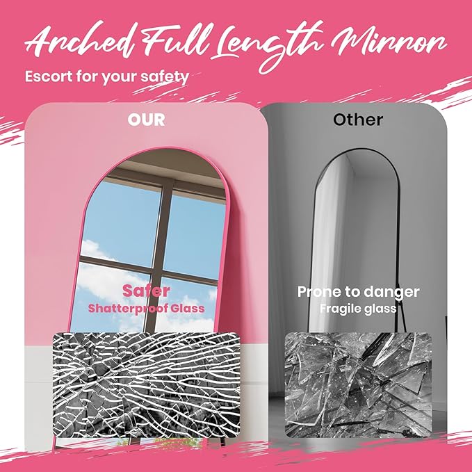 Anpark 28"x71"Arched Full Length Mirror, Full Body Mirror with Stand, Aluminum Frame for Bedroom & Hanging Leaning Modern Simple Home Decor Shatter-proorf Nano Glass Wall Living Room Cloakroom, Pink