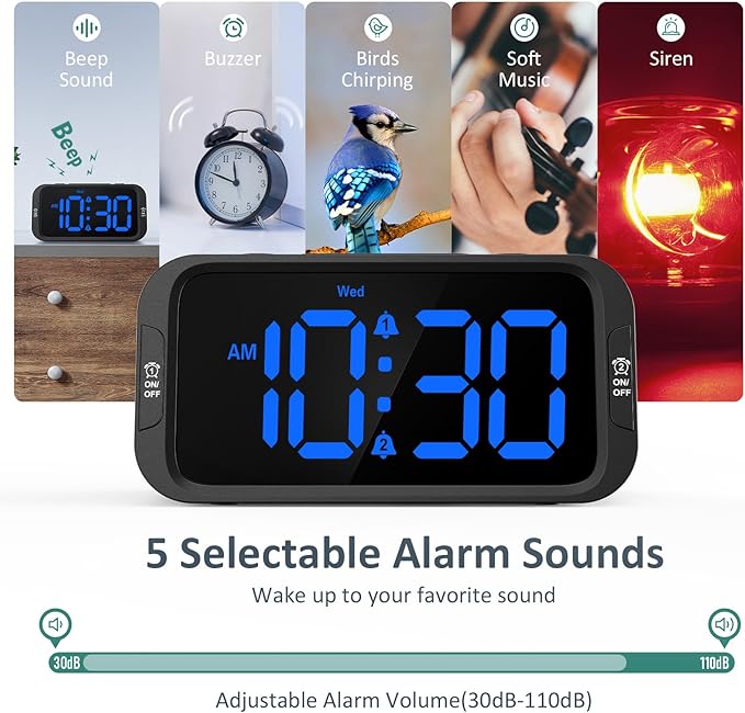 Digital Dual Alarm Clock for Bedroom, Easy to Set, 0-100% Dimmer, USB Charger, 5 Sounds Adjustable Volume, Weekday/Weekend Mode, Snooze, 12/24Hr, Battery Backup, Compact for Bedside(Blue)