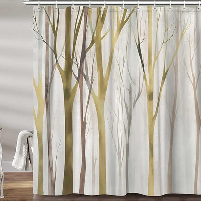 MERCHR Brown Yellow Tree Fabric Shower Curtain, Art Style Abstract Birch Forest Rustic Wood Polyester Fabric Waterproof Bath Curtain, Farmhouse Bathroom Shower Curtains with Hooks 47X64 Inch