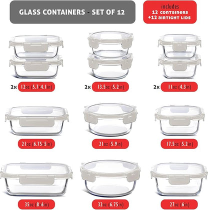 Nestl 24pc Glass Storage Containers with Lids, 12 Glass Food Storage Containers with 12 Airtight Lids for Pantry & Kitchen, Meal Prep Containers for Lunch, Oven Microwave & Dishwasher Safe, Cream