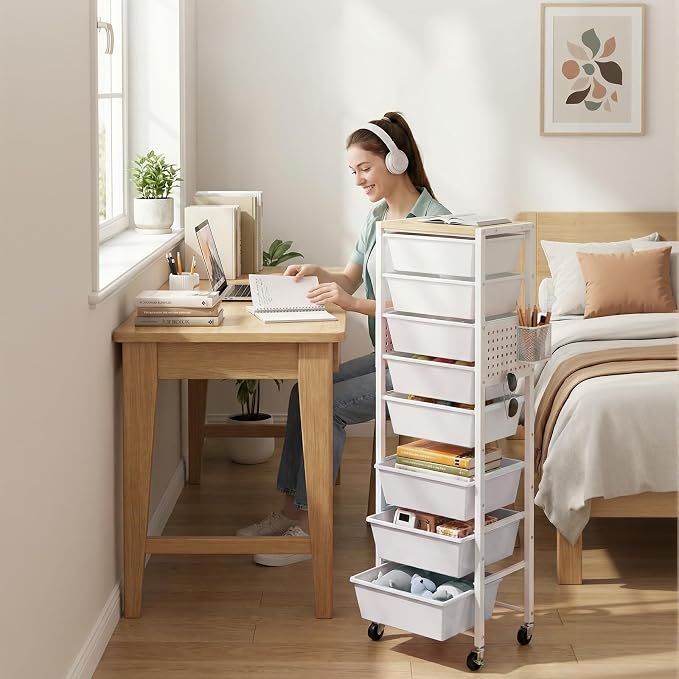 Rolling Cart with Drawers, Rolling Storage Cart with 8 Large Plastic Drawers & Wooden Tabletop, Utility Cart with Pegboards & Basket, Storage Drawers Cart for Living Room, Classroom, Bedroom, Office