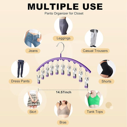 Legging Organizer for Closet, Metal Yoga Pants Hanger w/Rubber Coated 4 Pack w/10 Clips Hold 40 Leggings, Hangers Space Saving Hanging, Closet Organizers and Storage-Purple