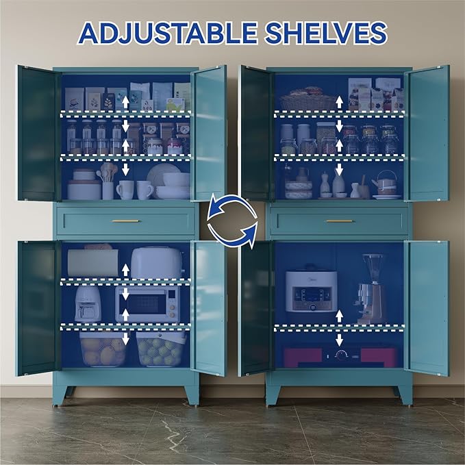 COFaR 71 in Tall Kitchen Pantry Cabinet, Metal Pantry Storage Cabinet with 4 Adjustable Shelves and 4 Barn Doors, Freestanding Farmhouse Food Cupboard for Dining Room, Peacock Blue 6-Tier