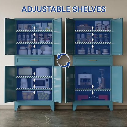 COFaR 71 in Tall Kitchen Pantry Cabinet, Metal Pantry Storage Cabinet with 4 Adjustable Shelves and 4 Barn Doors, Freestanding Farmhouse Food Cupboard for Dining Room, Peacock Blue 6-Tier