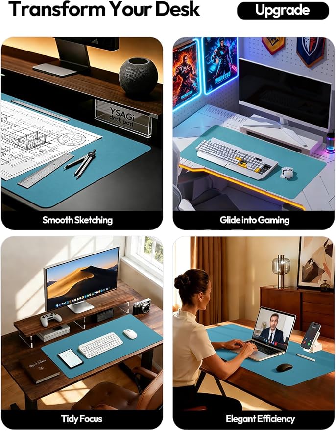 YSAGi Leather Desk Pad Protector, Office Desk Mat, Large Mouse Pad, Non-Slip PU Leather Desk Blotter, Laptop Desk Pad, Waterproof Desk Writing Pad for Office and Home (Turquoise, 31.5" x 15.8")