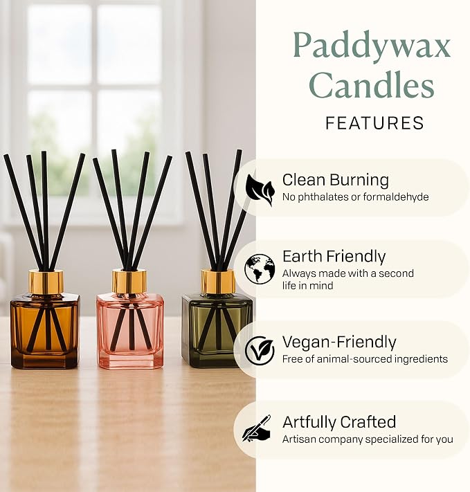 Paddywax Botanica Scented Oil Diffuser with Reeds in Reusable Pink Glass Bottle, Tubed Gift Box, Includes Diffuser Sticks, Long-Lasting Fragrance, Reusable & Upcyclable, Saffron Rose, 2.8 fl oz