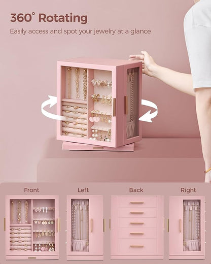 360° Rotating Jewelry Box with 5 Drawers, Spacious Vertical Jewelry Organizer with Glass Window, Jewelry Storage Case, Dustproof & Moisture-resistant Design, Pink