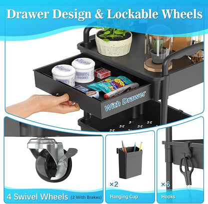 SUNALLY 3 Tier Rolling Cart with Drawer, Bathroom Storage Organizer with 2 Lockable Wheels, Multifunctional Rolling Storage Cart for Bathroom, Kitchen, Office, Craft, Makeup, Baby Essentials, Black
