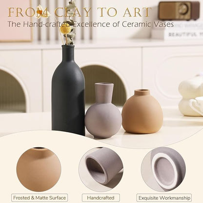Ceramic Vase Set of 3 - Handcrafted Ceramic Vases for Home Decor & Shelf - Modern Farmhouse Decor for Kitchen, Office, Bedroom & Living Room Decorative Objects for Mantel, Table Centerpieces