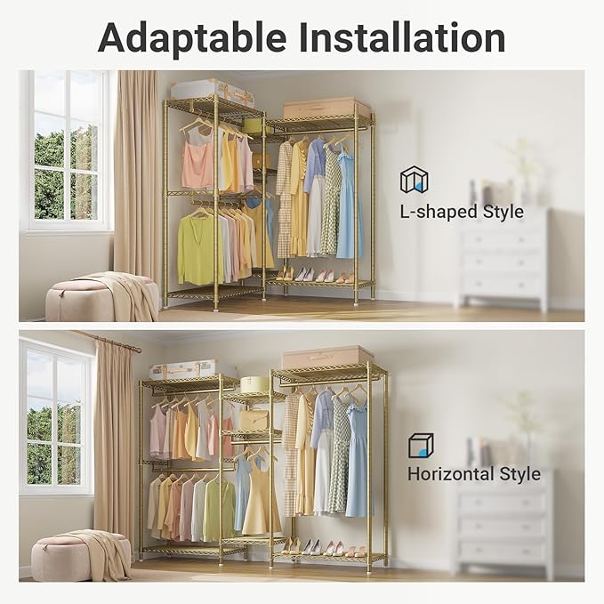 VIPEK L6 L Shaped Clothes Rack Heavy Duty Clothing Rack for Corner, 5-Tier Wire Garment Racks Metal Freestanding Closet with Adjustable Shelves, 42.1" L x 42.1" W x 76.4" H, Max Load 840LBS, Gold