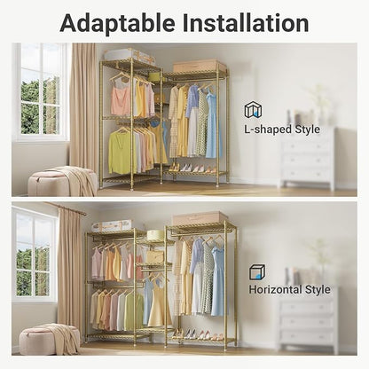 VIPEK L6 L Shaped Clothes Rack Heavy Duty Clothing Rack for Corner, 5-Tier Wire Garment Racks Metal Freestanding Closet with Adjustable Shelves, 42.1" L x 42.1" W x 76.4" H, Max Load 840LBS, Gold