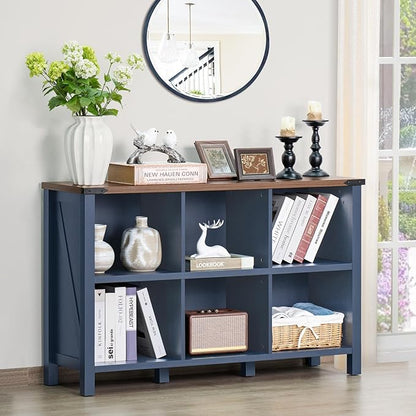 6 Cube Bookcase, Farmhouse Wood Low Storage Organizer Book Shelf, 47" Horizontal Navy Blue Console Bookshelf with Legs, Hallway Book Case for Entryway, Display Cabinet for Living Room, Office