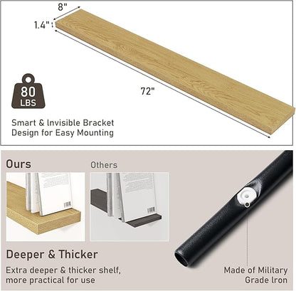 Fun Memories 72 Inch Floating Shelves for Wall 8 Inch Deep Oak Shelves Set of 2, Wall Mounted Rustic Wood Long Floating Shelf, Large Display & Storage Shelf with Invisible Brackets
