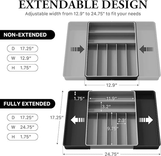 Simple Houseware Expandable Kitchen Drawer Flatware Organizer, Black/Gray