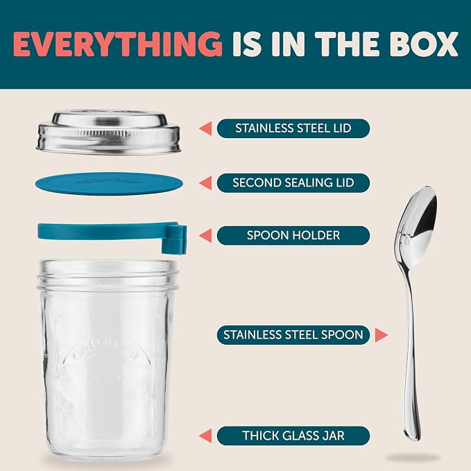 Overnight Oats Jars with Lids and Spoon - Glass Chia Pudding Containers - 16 oz Leakproof Mason Jar for Oatmeal - Wide Mouth To Go Meal Prep Cup with Measurement Markings - 2 Pack