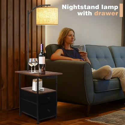 PESRAE Floor Lamp with Table & 2 Drawers, End Table with 3 Color Temperature Reading Light, Side Table Lamp with USB & Type C & AC Charging Port for Bedoom, Home Office