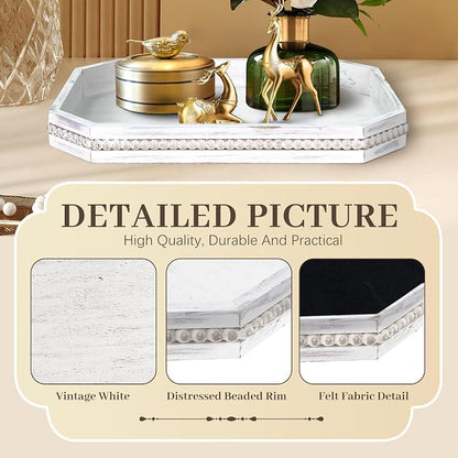Wooden Decorative Tray, Rustic Serving Tray with Wood Bead, Farmhouse Big Tray for Ottoman, Countertop, Coffee Tabl, 16.5" x 13"x 1.6" (Retro White)