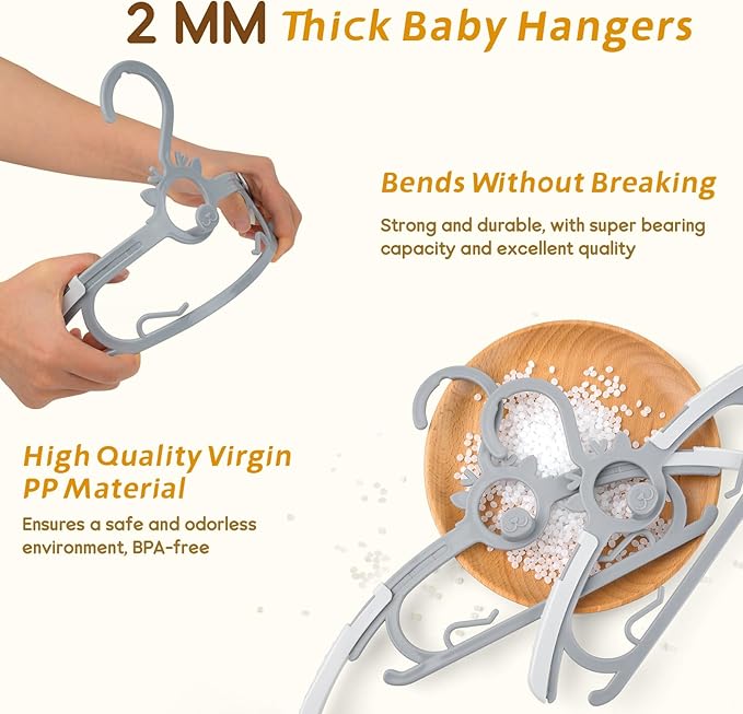 Kids Hangers 30PCS, 11"-14" Extendable and Stackable Baby Hangers, 45g Ultra-Thick Space Saving Non-Slip Plastic Hanger for Infant, Toddler and Nursery Closet, Gray