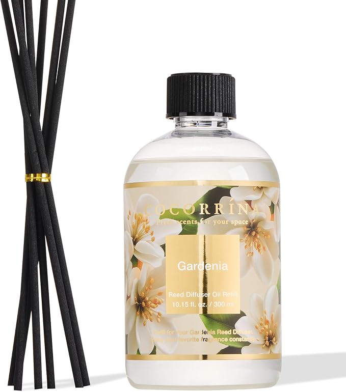 Cocorrína Reed Diffuser Refill Gardenia 10.14oz (300ml) with 8 Sticks - Premium Long-Lasting Floral Essential Oil, Home Fragrance for Bedroom, Bathroom Home Decor