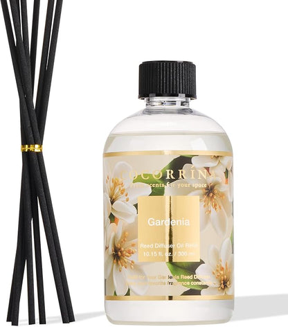 Cocorrína Reed Diffuser Refill Gardenia 10.14oz (300ml) with 8 Sticks - Premium Long-Lasting Floral Essential Oil, Home Fragrance for Bedroom, Bathroom Home Decor