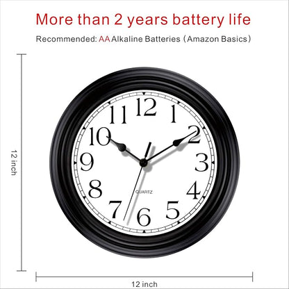 Foxtop Silent Non-Ticking Round Classic Clock Retro Quartz Decorative Battery Operated Wall Clock for Living Room Kitchen Home Office (12 Inch, Black)
