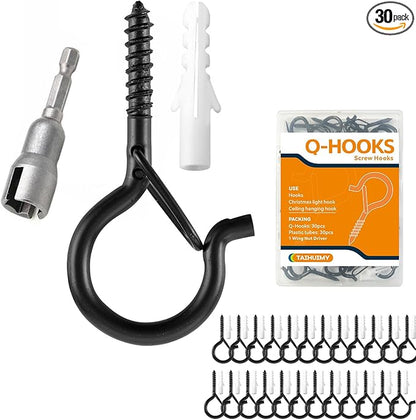 30 PCS Q-Hanger Hooks with Safety Buckle, Windproof Screw Wall Ceiling Hooks for Outdoor String Lights Hanging Christmas Lights, Plants, with 1 Wing Nut Driver (Black, 30 Pack)